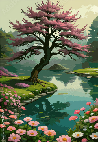 Lonely tree blooming beside tranquil river