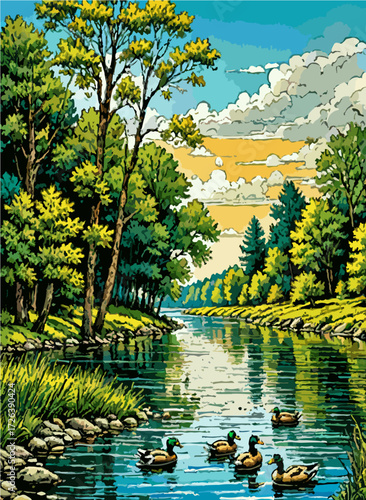 Ducks swimming peacefully across calm river