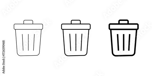 Set of three clean outline trash can icons in a modern minimalist style on a transparent background, perfect for user interface, deletion, waste management, and recycle applications
