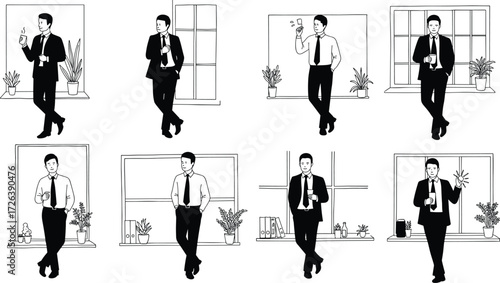 Businessman illustration, office worker, professional man, corporate lifestyle, workplace concept, black and white drawing, modern business, executive character, communication, productivity
