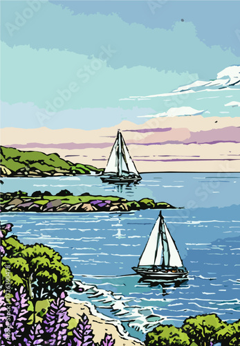 Sailboat drifting peacefully across blue sea