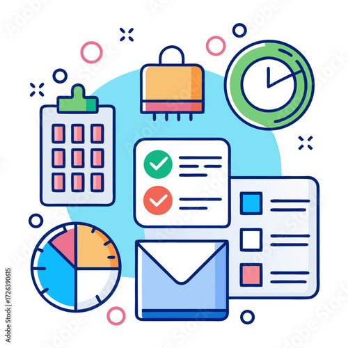 Dynamic business planning with calendar, clock, pie chart, and task list icons representing efficient project management and workflow optimization