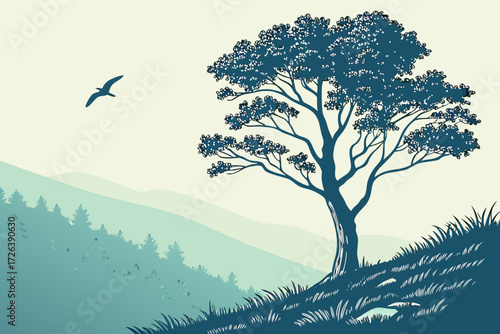 Monochrome Eagle Perched on Rock with Savanna Tree Silhouette Vector