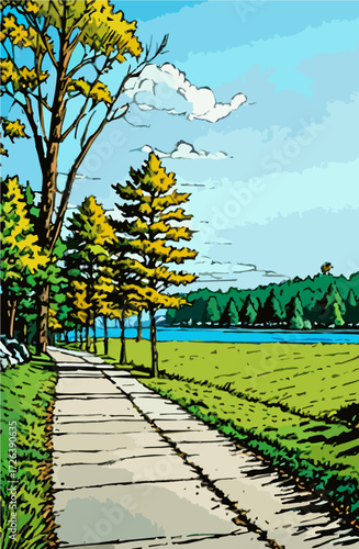 Sunny walkway lined with autumn trees