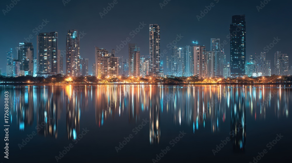 Fototapeta premium Futuristic City Architecture: Close-up of Ultra-Modern Glass Skyscrapers and Buildings Against a Clear Blue Sky, Abstract Perspective.