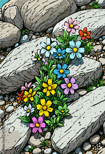 Wildflowers blooming between rugged gray rocks