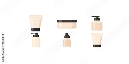Print  Modern vector skincare packaging mockups – elegant cosmetic tubes, glass jars, pump bottles, dropper bottles – stylish editable set, isolated on white
