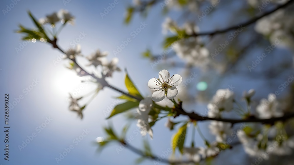 Fototapeta premium Blooming Cherry Blossom Branches Against Blue Sky