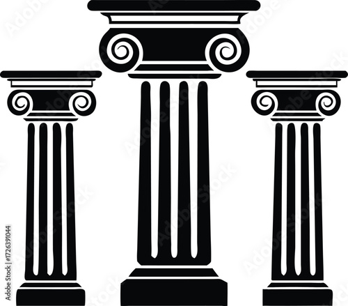 Three ionic columns in silhouette against white background