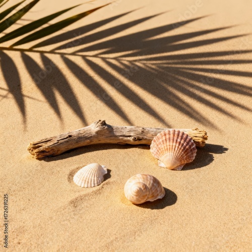 Palm leaf shadow on the sand. Tropical background. Copy space.