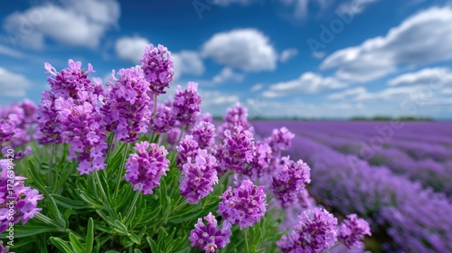 Blooming Lavender Field Under a Cloudy Sky on a Sunny Day, Purple Blossoms and Green Foliage in Vivid Color, Soft Focus Background with a Scenic Landscape, HDR