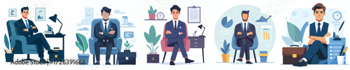 Professional Businessman Sitting with Arms Crossed in Office Chair Illustration for Leadership and Corporate Success