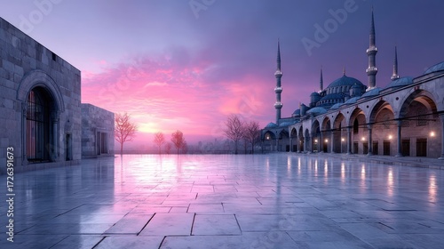 Blue Mosque Istanbul Turkey at Sunset with Pink Sky and Cityscape View under HDR Lighting and Reflective Ground in Cinematic Architecture