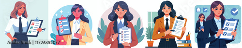 Businesswoman Holding Checklist Clipboard – Task Planning, Productivity, and Office Management Illustration