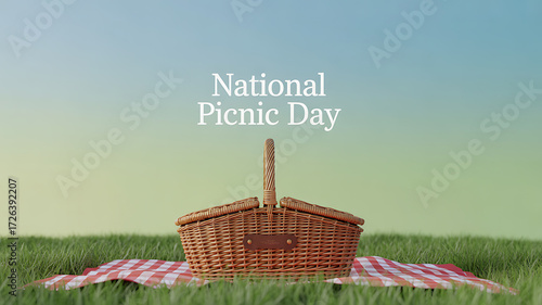 A wicker picnic basket on a checkered blanket in a grassy field under a clear sky, celebrating National Picnic Day