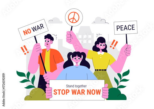 Protest Anti War Resistance Demonstration Illustration Featuring Protesters, Activists, and a Crowd with Placards for a Peaceful Social Demonstration