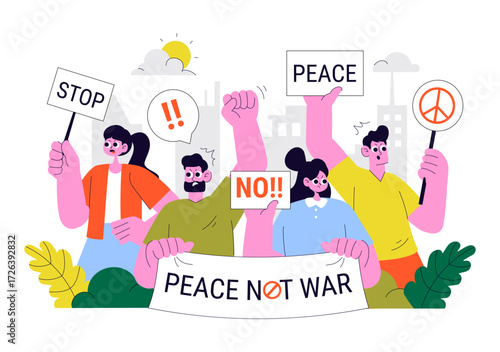 Protest Anti War Resistance Demonstration Illustration Featuring Protesters, Activists, and a Crowd with Placards for a Peaceful Social Demonstration