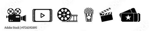 Cinema icons collection. Camera, video, film reel, popcorn, clapperboard, and tickets flat style vector. 
