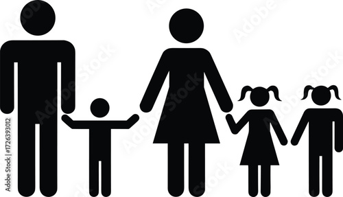 Family icon silhouette illustration with parents, children, kids, father, mother, love, unity, parenting, relationship, pictogram, symbol, vector design