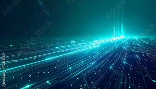 Futuristic digital landscape with glowing blue-green data lines and central light hub, abstract network design