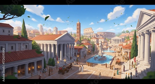 Ancient Roman Cityscape, Sunny Day, Architecture, Historical.