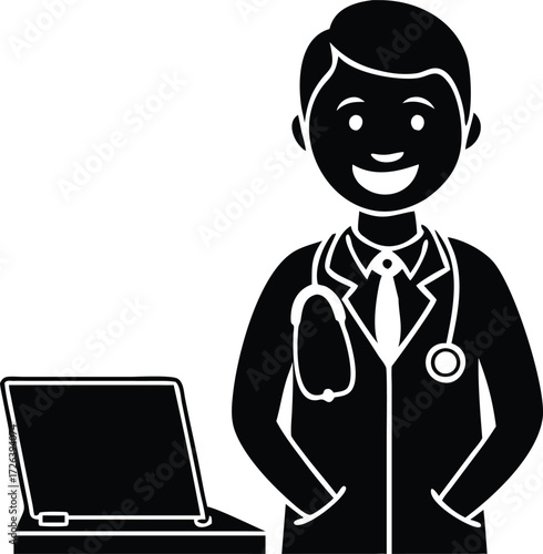 Smiling doctor wearing a stethoscope works on a laptop computer