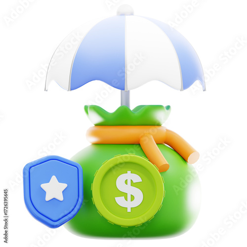 3D illustration of financial protection. Features money bag, umbrella, and shield. Symbolizes wealth security, investment safeguarding, stable savings, and reliable asset management