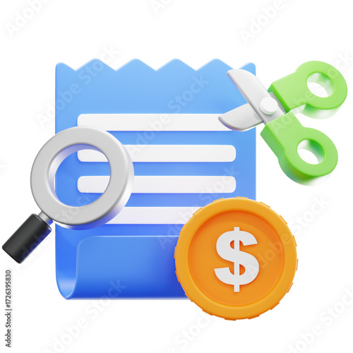 A 3D Render of a Bill Being Examined, Symbolizing Cost Reduction and Financial Analysis with a Magnifying Glass and Scissors and a Dollar Coin for Economic insights