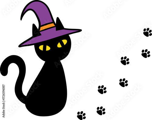 魔女の帽子をかぶった黒猫