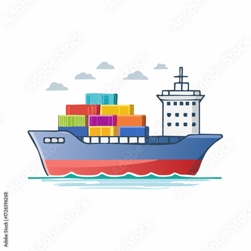 Cartoon cargo ship carrying colorful containers on the ocean, symbolizing global trade and logistics.