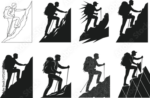 Climber silhouette, mountain ascent, hiking pose, outdoor adventure, backpack gear, black vector, steep slope, stylized action, trekking illustration, explorer