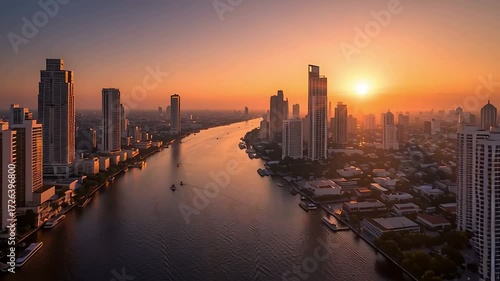 Bangkok thailand skyline at sunset aerial view of cityscape and river scene on transparent background