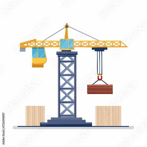Industrial tower crane lifting wooden planks at a construction site, with additional wooden crates on the ground.