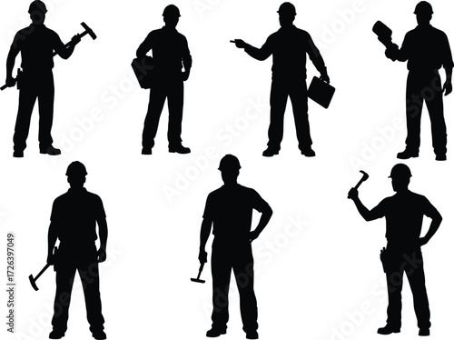 Construction worker silhouette set, industrial labor poses, safety gear illustration, black vector icons, building site tools, hard hat clipart