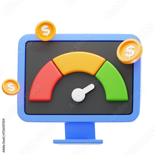 3D render of a computer screen showing a high credit score meter. The gauge's needle is in the green zone, indicating excellent financial health