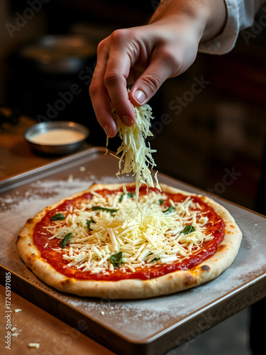 Person's hand adding grated cheese to pizza,  process of making pizza