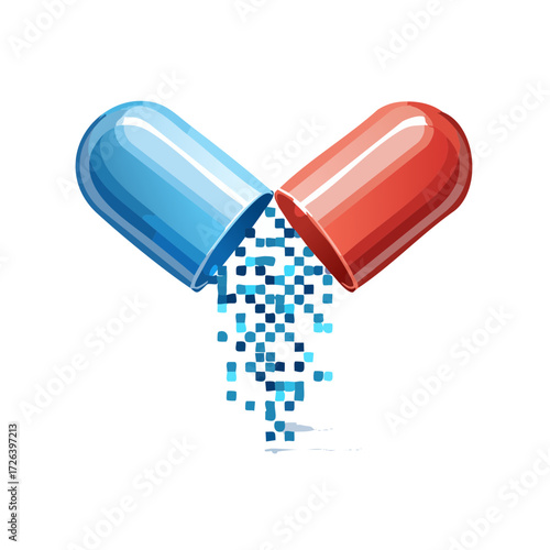 An open pharmaceutical capsule with blue and red halves spilling digital blue pixels, symbolizing data or digital medicine.