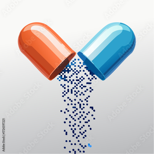 An open medical capsule, split into two halves, spilling out digital pixelated data particles.