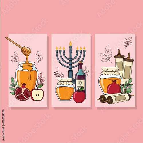 Set of three decorative illustrations showcasing traditional symbols for the Jewish holidays of Rosh Hashanah and Hanukkah