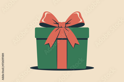 Illustration of a green gift box with a red bow on a beige background