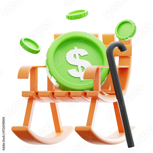 Illustration depicting retirement concept with a rocking chair, dollar coins, and cane, symbolizing financial security and planning for old age