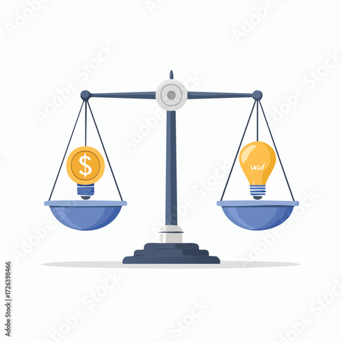 A balanced scale comparing the value of money and innovative ideas, symbolizing financial investment versus intellectual capital.
