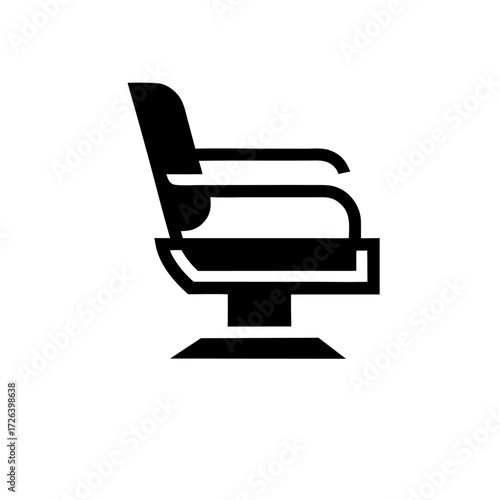 Outline of a classic barber chair with hydraulic base, side view, symbolizing barbershop services.