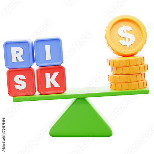 A conceptual 3D illustration depicting the delicate equilibrium between investment risk and financial reward on a balanced seesaw