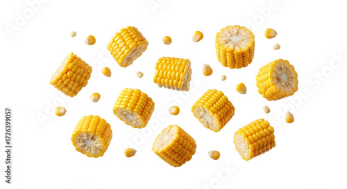 Freshly cut corn on the cob pieces and kernels scattered and isolated on a transparent background