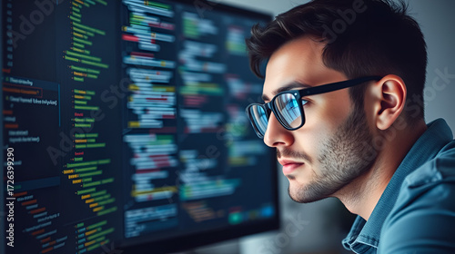 Focused developer coder wears glasses working on computer looking at programming code data cyber security digital tech reflecting in spectacles developing software program, focus on eye close up view