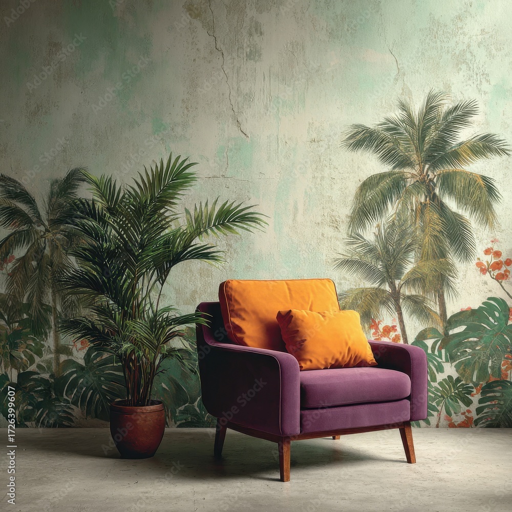Fototapeta premium Relax in style with this comfortable purple armchair and tropical palm tree wall, perfect for adding a touch of paradise to any living space