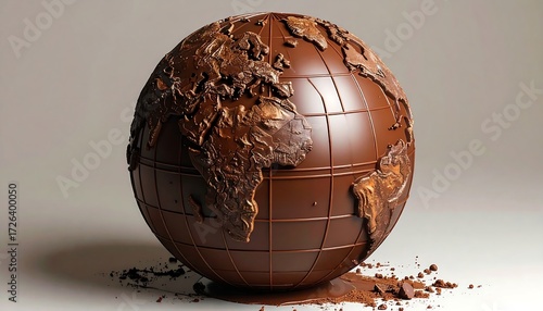 A chocolate globe sits on a surface, partially melting, with chocolate shavings around it