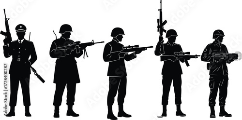 Military silhouette, soldier pose, firearm action, combat gear, tactical uniform, black vector, army stance, war scene, weapon handling, defense