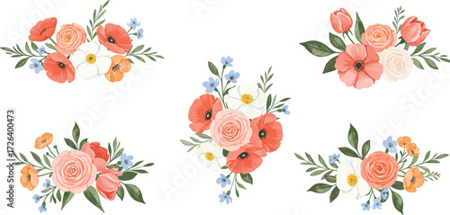 Watercolor floral arrangements with roses poppies and daisies on transparent background
